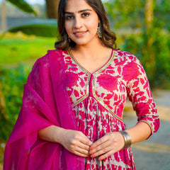 Dark Pink Pure Cotton Floral V Neck Flared Kurta, Pant & Dupatta Set For Women Mizaz Jaipur