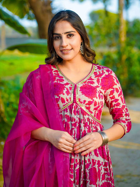 Dark Pink Pure Cotton Floral V Neck Flared Kurta, Pant & Dupatta Set For Women Mizaz Jaipur