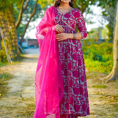 Dark Pink Pure Cotton Floral V Neck Flared Kurta, Pant & Dupatta Set For Women Mizaz Jaipur