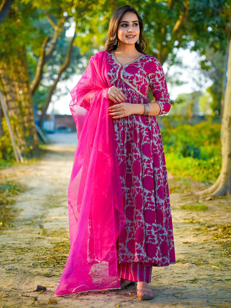 Dark Pink Pure Cotton Floral V Neck Flared Kurta, Pant & Dupatta Set For Women Mizaz Jaipur