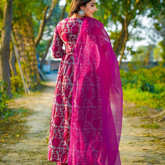 Dark Pink Pure Cotton Floral V Neck Flared Kurta, Pant & Dupatta Set For Women Mizaz Jaipur