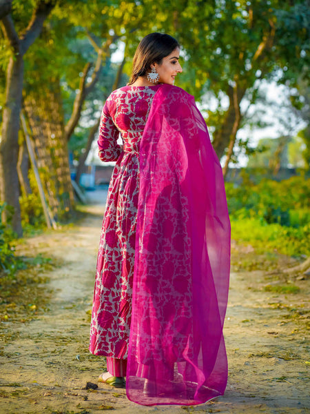 Dark Pink Pure Cotton Floral V Neck Flared Kurta, Pant & Dupatta Set For Women Mizaz Jaipur