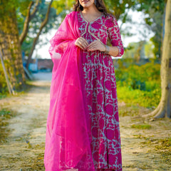 Dark Pink Pure Cotton Floral V Neck Flared Kurta, Pant & Dupatta Set For Women Mizaz Jaipur