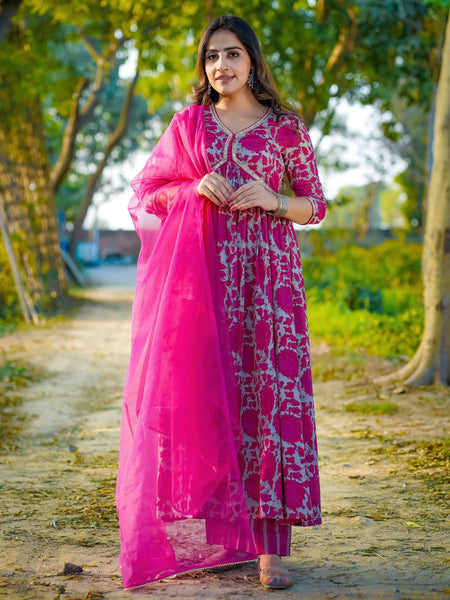 Dark Pink Pure Cotton Floral V Neck Flared Kurta, Pant & Dupatta Set For Women Mizaz Jaipur