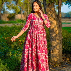 Dark Pink Pure Cotton Floral V Neck Flared Kurta, Pant & Dupatta Set For Women Mizaz Jaipur