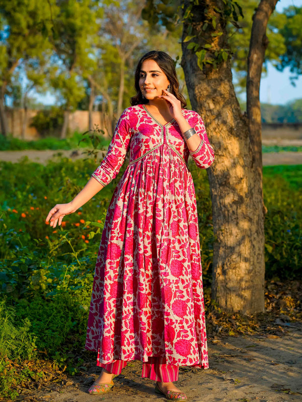 Dark Pink Pure Cotton Floral V Neck Flared Kurta, Pant & Dupatta Set For Women Mizaz Jaipur