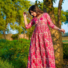 Dark Pink Pure Cotton Floral V Neck Flared Kurta, Pant & Dupatta Set For Women Mizaz Jaipur