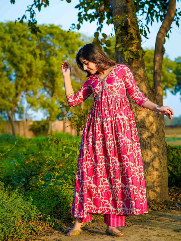 Dark Pink Pure Cotton Floral V Neck Flared Kurta, Pant & Dupatta Set For Women Mizaz Jaipur