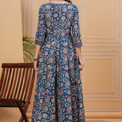 Blue Pure Cotton Floral V Neck Flared Kurta, Pant & Dupatta Set For Women Mizaz Jaipur