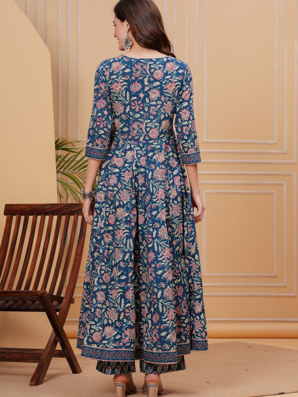 Blue Pure Cotton Floral V Neck Flared Kurta, Pant & Dupatta Set For Women Mizaz Jaipur