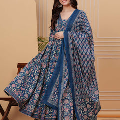 Blue Pure Cotton Floral V Neck Flared Kurta, Pant & Dupatta Set For Women Mizaz Jaipur