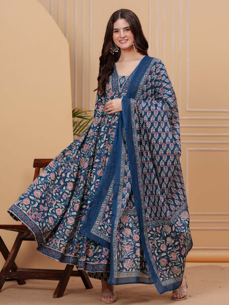 Blue Pure Cotton Floral V Neck Flared Kurta, Pant & Dupatta Set For Women Mizaz Jaipur