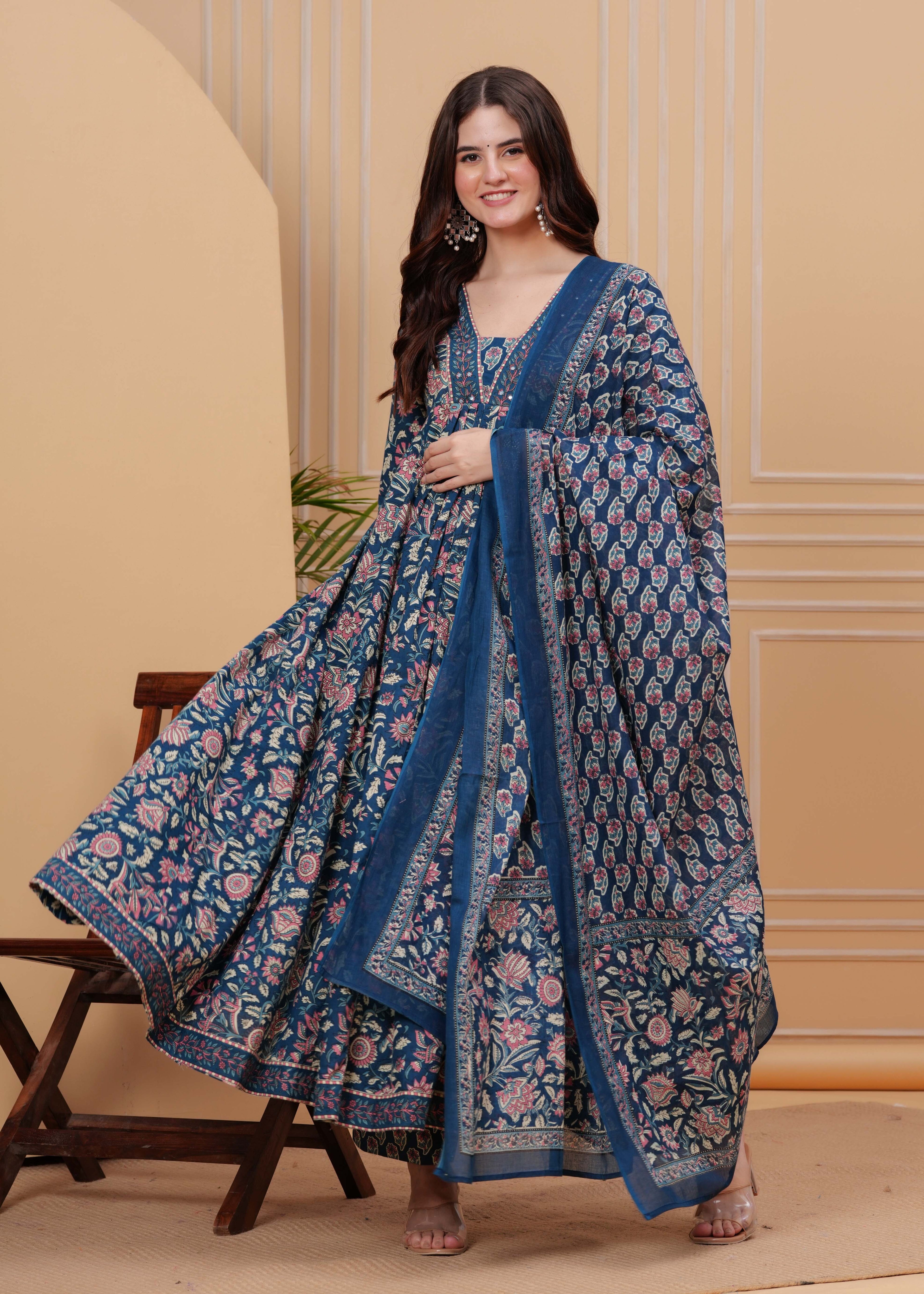 Blue Pure Cotton Floral V Neck Flared Kurta, Pant & Dupatta Set For Women Mizaz Jaipur