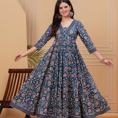 Blue Pure Cotton Floral V Neck Flared Kurta, Pant & Dupatta Set For Women Mizaz Jaipur