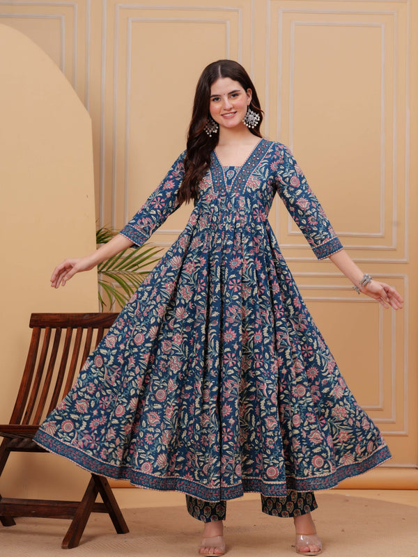 Blue Pure Cotton Floral V Neck Flared Kurta, Pant & Dupatta Set For Women Mizaz Jaipur