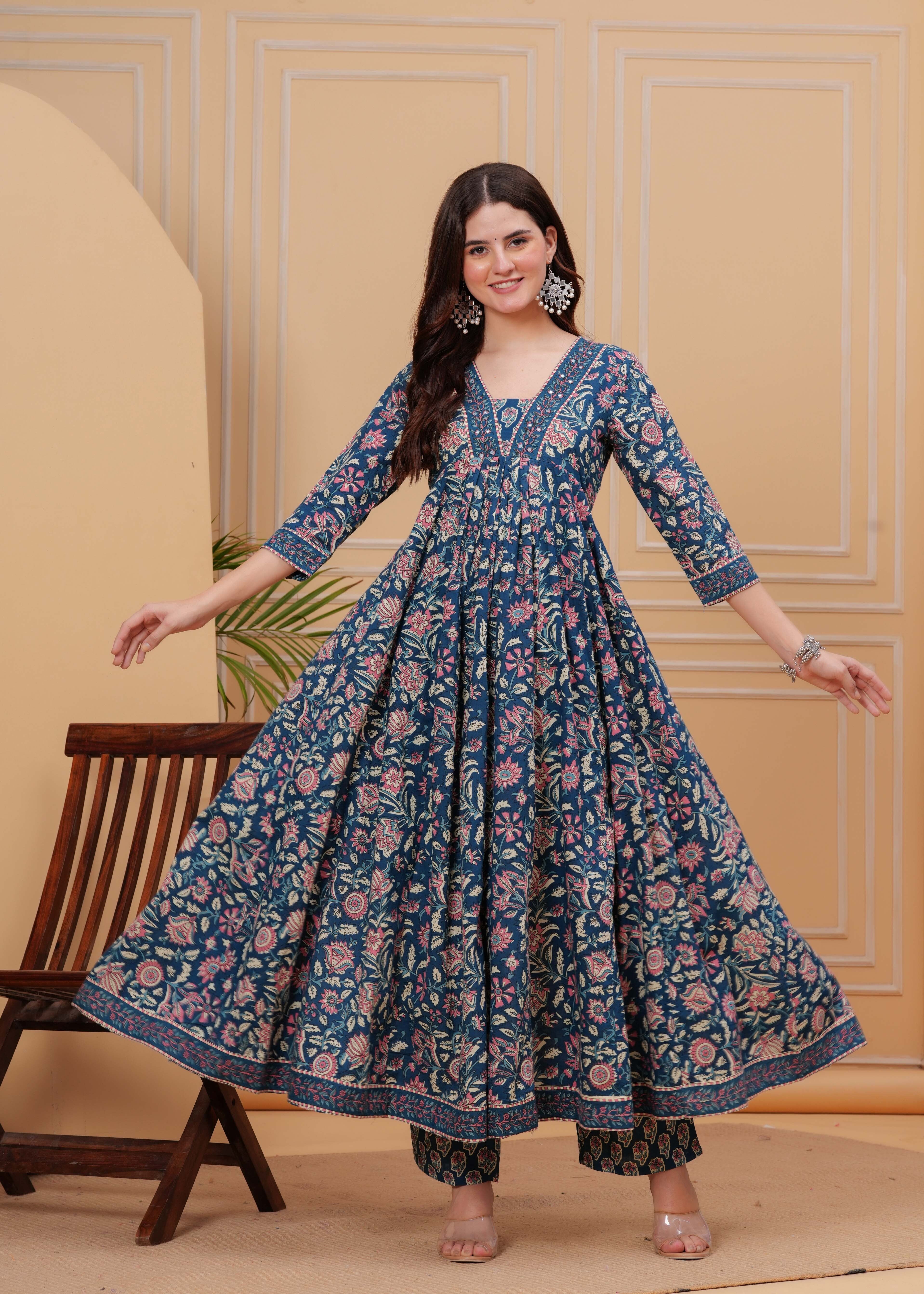 Blue Pure Cotton Floral V Neck Flared Kurta, Pant & Dupatta Set For Women Mizaz Jaipur