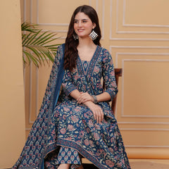Blue Pure Cotton Floral V Neck Flared Kurta, Pant & Dupatta Set For Women Mizaz Jaipur