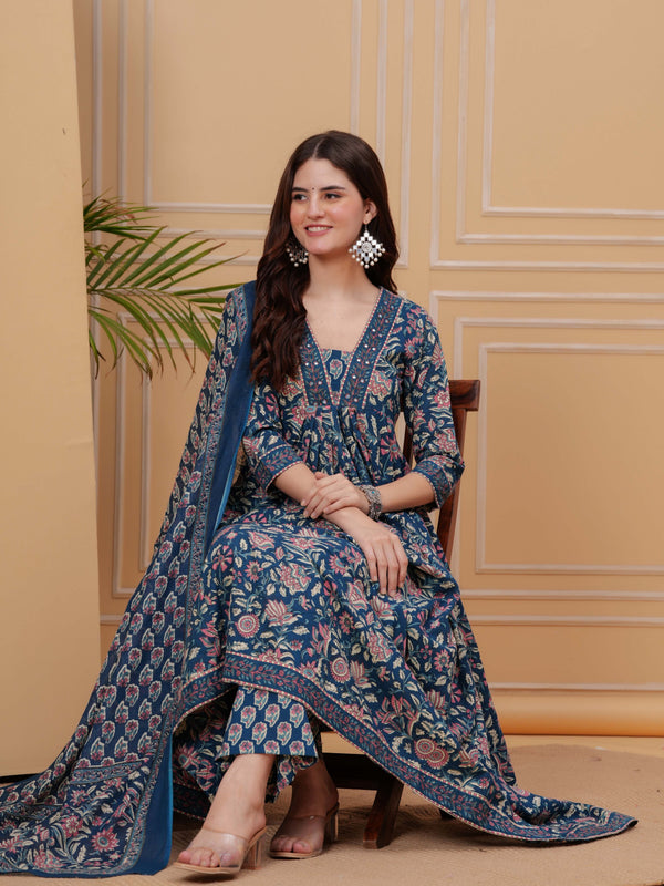 Blue Pure Cotton Floral V Neck Flared Kurta, Pant & Dupatta Set For Women Mizaz Jaipur