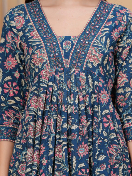 Blue Pure Cotton Floral V Neck Flared Kurta, Pant & Dupatta Set For Women Mizaz Jaipur