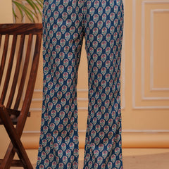 Blue Pure Cotton Floral V Neck Flared Kurta, Pant & Dupatta Set For Women Mizaz Jaipur