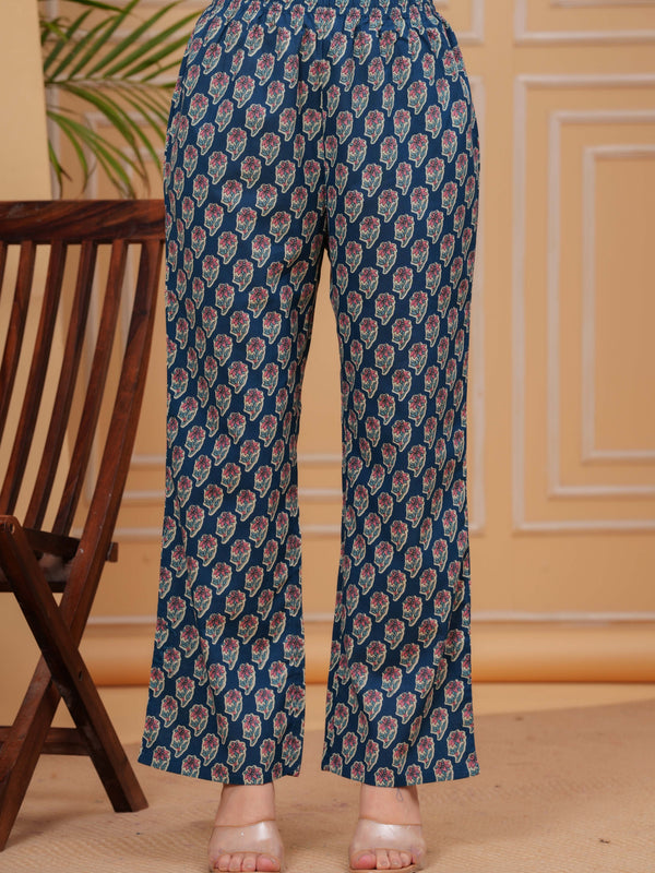 Blue Pure Cotton Floral V Neck Flared Kurta, Pant & Dupatta Set For Women Mizaz Jaipur