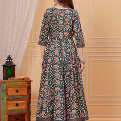 Rama Green Pure Cotton Floral V Neck Flared Kurta, Pant & Dupatta Set For Women Mizaz Jaipur