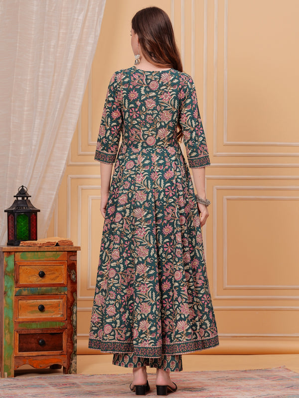 Rama Green Pure Cotton Floral V Neck Flared Kurta, Pant & Dupatta Set For Women Mizaz Jaipur