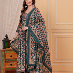 Rama Green Pure Cotton Floral V Neck Flared Kurta, Pant & Dupatta Set For Women Mizaz Jaipur