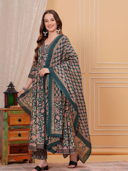 Rama Green Pure Cotton Floral V Neck Flared Kurta, Pant & Dupatta Set For Women Mizaz Jaipur