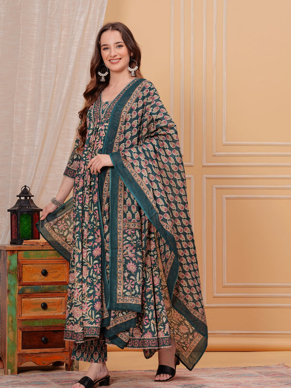 Rama Green Pure Cotton Floral V Neck Flared Kurta, Pant & Dupatta Set For Women Mizaz Jaipur