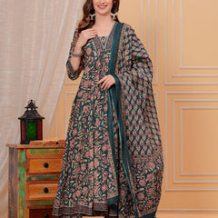 Rama Green Pure Cotton Floral V Neck Flared Kurta, Pant & Dupatta Set For Women Mizaz Jaipur