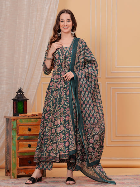 Rama Green Pure Cotton Floral V Neck Flared Kurta, Pant & Dupatta Set For Women Mizaz Jaipur