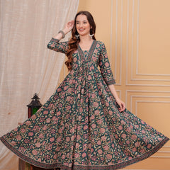Rama Green Pure Cotton Floral V Neck Flared Kurta, Pant & Dupatta Set For Women Mizaz Jaipur