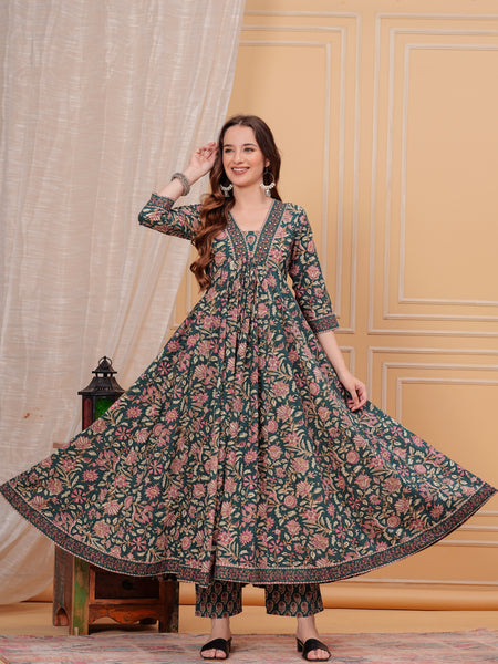 Rama Green Pure Cotton Floral V Neck Flared Kurta, Pant & Dupatta Set For Women Mizaz Jaipur