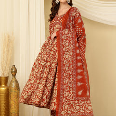 Rust Orange Pure Cotton Floral V Neck Flared Kurta, Pant & Dupatta Set For Women Mizaz Jaipur