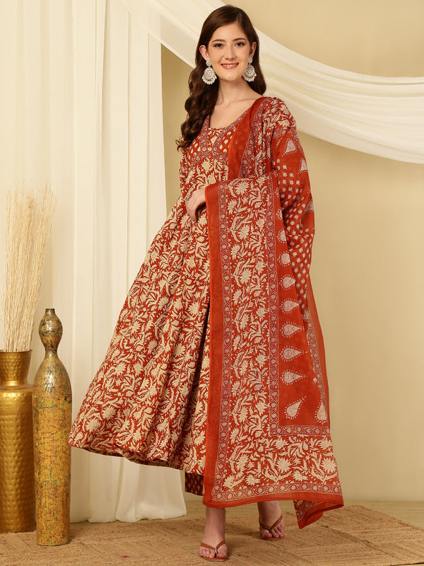 Rust Orange Pure Cotton Floral V Neck Flared Kurta, Pant & Dupatta Set For Women Mizaz Jaipur