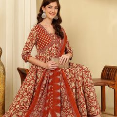 Rust Orange Pure Cotton Floral V Neck Flared Kurta, Pant & Dupatta Set For Women Mizaz Jaipur