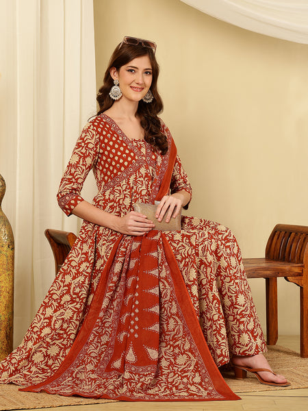 Rust Orange Pure Cotton Floral V Neck Flared Kurta, Pant & Dupatta Set For Women Mizaz Jaipur