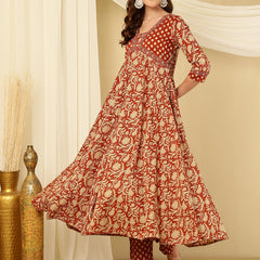 Rust Orange Pure Cotton Floral V Neck Flared Kurta, Pant & Dupatta Set For Women Mizaz Jaipur