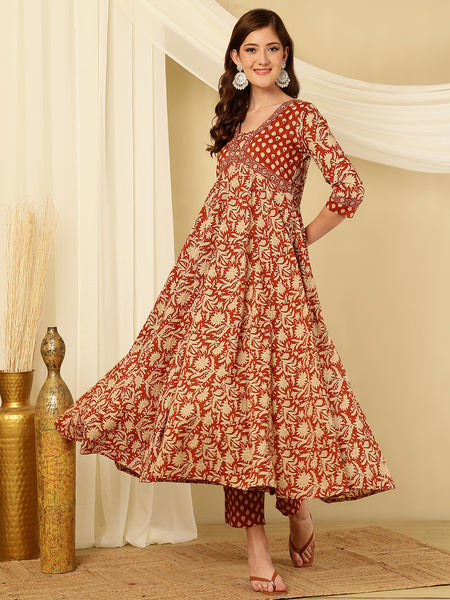 Rust Orange Pure Cotton Floral V Neck Flared Kurta, Pant & Dupatta Set For Women Mizaz Jaipur