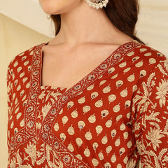 Rust Orange Pure Cotton Floral V Neck Flared Kurta, Pant & Dupatta Set For Women Mizaz Jaipur