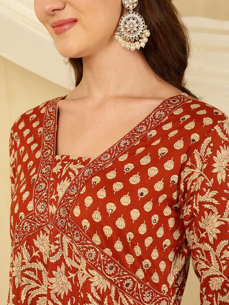 Rust Orange Pure Cotton Floral V Neck Flared Kurta, Pant & Dupatta Set For Women Mizaz Jaipur