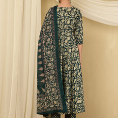 Teal Blue Pure Cotton Floral V Neck Flared Kurta, Pant & Dupatta Set For Women Mizaz Jaipur