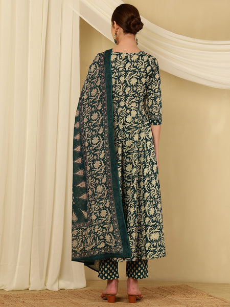 Teal Blue Pure Cotton Floral V Neck Flared Kurta, Pant & Dupatta Set For Women Mizaz Jaipur