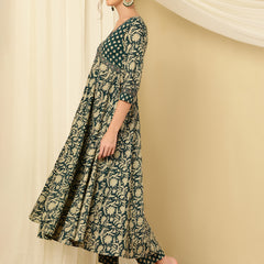 Teal Blue Pure Cotton Floral V Neck Flared Kurta, Pant & Dupatta Set For Women Mizaz Jaipur