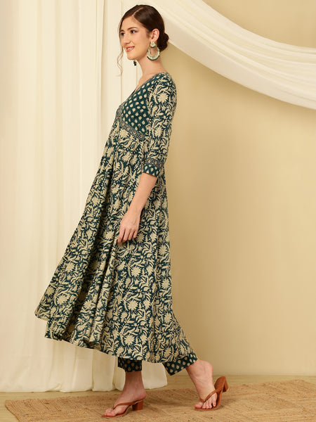 Teal Blue Pure Cotton Floral V Neck Flared Kurta, Pant & Dupatta Set For Women Mizaz Jaipur