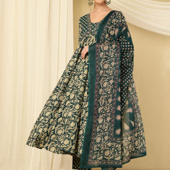 Teal Blue Pure Cotton Floral V Neck Flared Kurta, Pant & Dupatta Set For Women Mizaz Jaipur