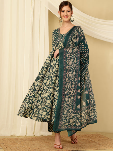 Teal Blue Pure Cotton Floral V Neck Flared Kurta, Pant & Dupatta Set For Women Mizaz Jaipur
