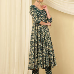 Teal Blue Pure Cotton Floral V Neck Flared Kurta, Pant & Dupatta Set For Women Mizaz Jaipur