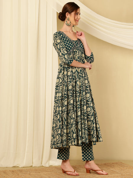 Teal Blue Pure Cotton Floral V Neck Flared Kurta, Pant & Dupatta Set For Women Mizaz Jaipur